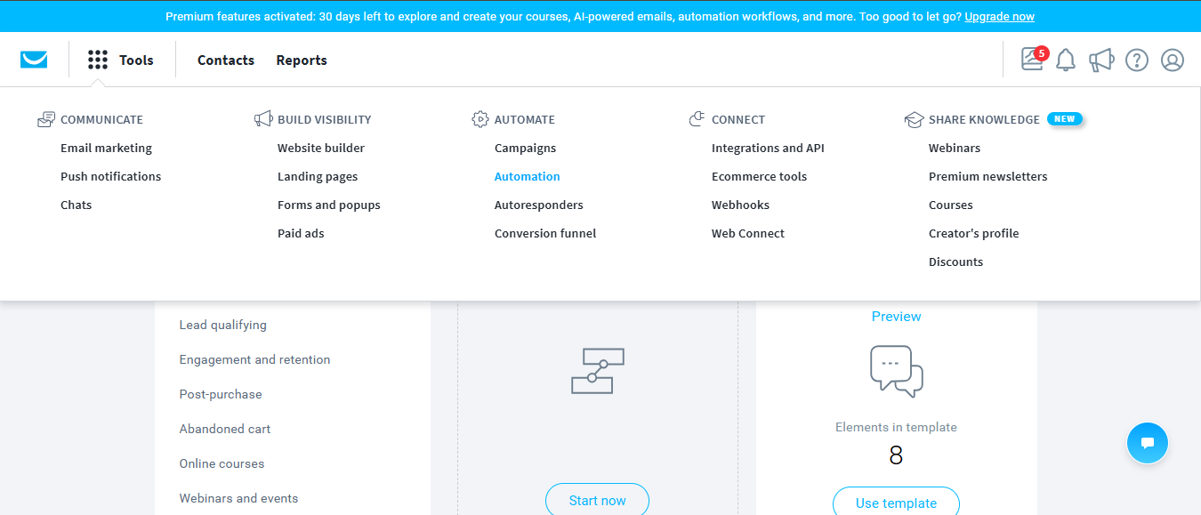 GetResponse dashboard showing Tools menu with Automation option highlighted for creating email sequences